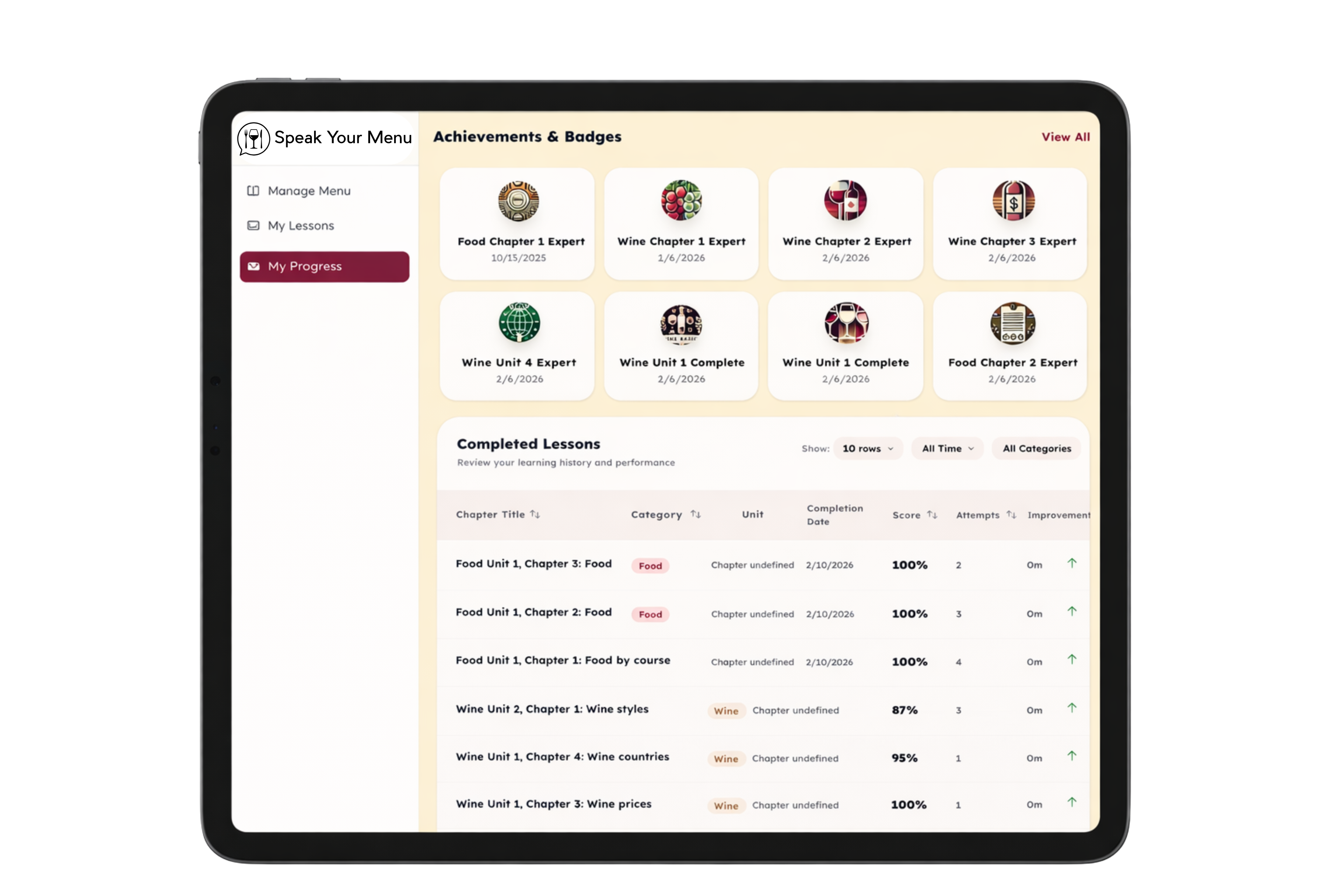 Daily repetition workflow preview for reinforcing restaurant menu knowledge