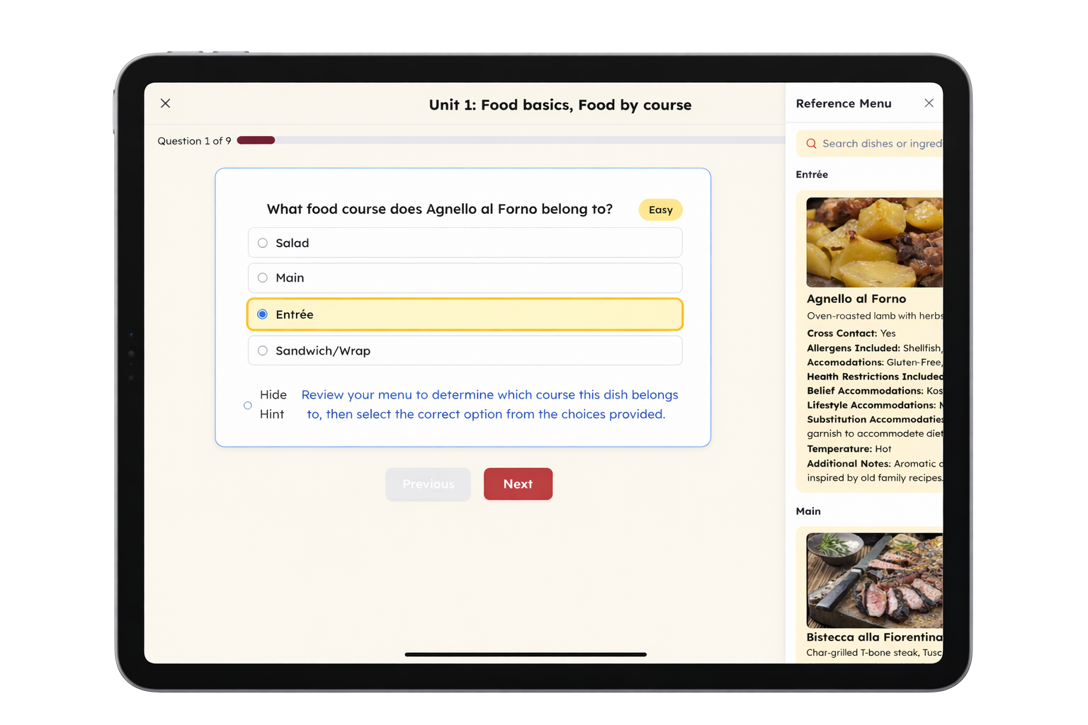 Structured menu lesson preview showing short practice modules built from a restaurant menu